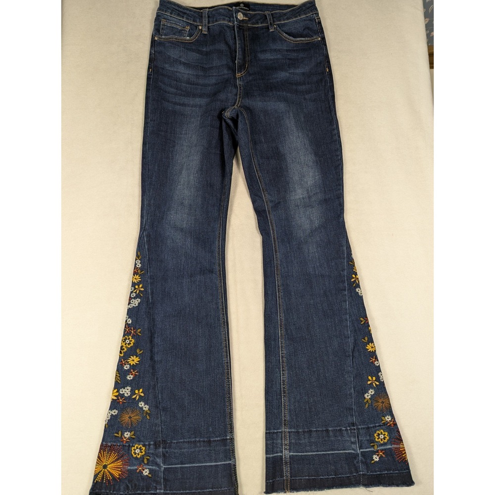 Prosperity Denim Womens Floral Embroidered Flare Jeans Dark Wash Raw Hem Size 31